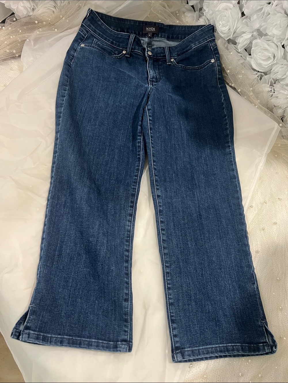 NYDJ Dark Blue Wide-Leg Jeans with Subtle Fade